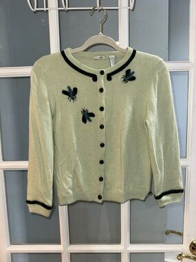 Anthropologie Rare Odille Embroidered Sweater Cardigan Green Bee/ Fly Sz L